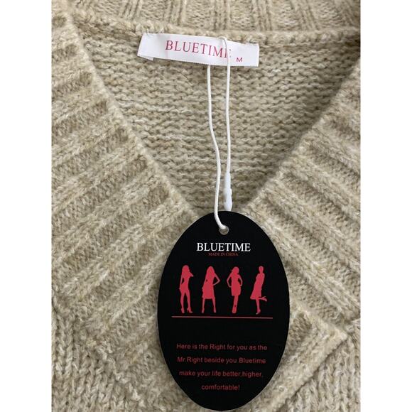 Bluetime Wool Blend Beige Sweater Womens M V Neck NWT - Picture 3 of 5